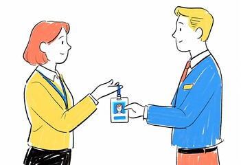 Illustration of Two People Exchanging an Identification Card in a Business Setting, Hand Drawn Style