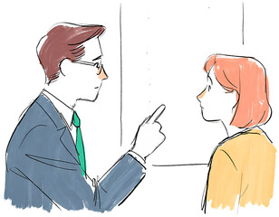 Illustration of a man in a suit pointing his finger at a woman, suggesting a conversation or confrontation with a watercolor style