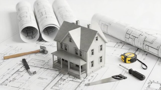 detailed white model house with grey roof sits on architectural blueprints surrounded by construction tools hammer utility tool tape measure screwdriver and handsaw