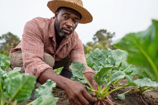Attractive Black male farmer inspecting radish plants in a sunny field