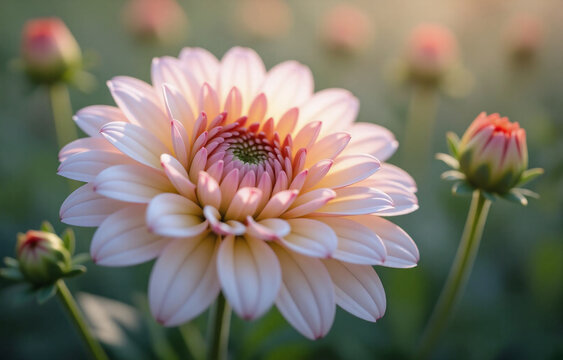A delicate, pale peach dahlia in full bloom, surrounded by unopened buds. Soft light enhances its beauty.