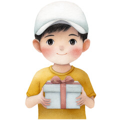 boy wearing a white cap, holding a gift box