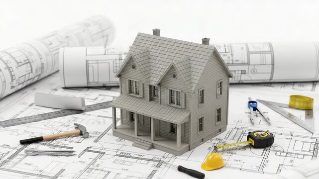 gray model house sits on architectural blueprints surrounded by construction and design tools like tape measure hammer ruler compass hard hat and rolled plans symbolizing home building