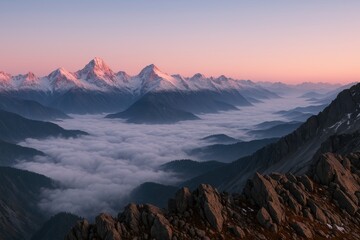 Himalayan ridge glowing with alpenglow above cloud inversion panoramic sunset view