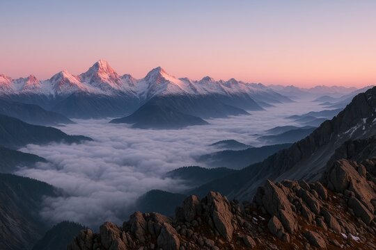Himalayan ridge glowing with alpenglow above cloud inversion panoramic sunset view - Powered by Adobe