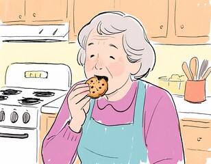 Illustration of an elderly woman in a kitchen eating a chocolate chip cookie with cabinets and stove in the background