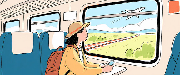 Illustration of a young woman traveling by train, looking out the window at a plane flying overhead, enjoying the scenery