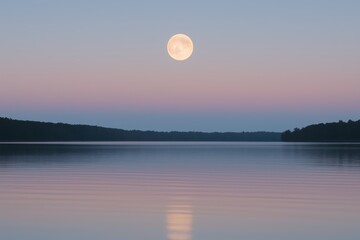 Moonrise over tranquil freshwater shoreline with gentle waves and twilight pastel sky
