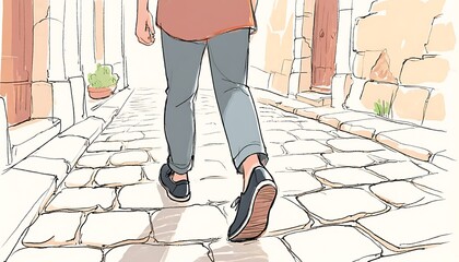 Illustration of a Person Walking on a Cobblestone Street with Stone Buildings and Columns in the Background