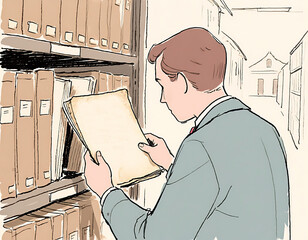Illustration of a Man Reviewing Documents in an Archive, Surrounded by Shelves of Files, with a Building Visible in the Background