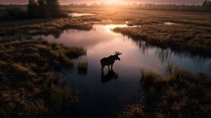 Drone shot of moose standing in golden marshland with reflective waters at sunset