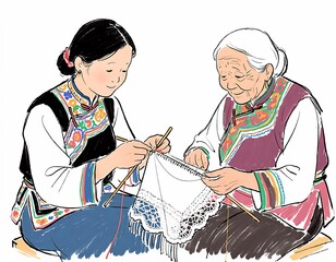 Illustration of a Young Woman and Elderly Woman Knitting Together, Depicting Intergenerational Connection and Traditional Craft