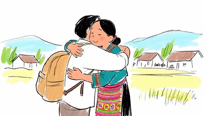 Illustration of a Warm Embrace Between a Woman and a Man with a Backpack in a Rural Setting