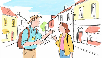 Cartoon Illustration of a Tourist Asking a Local for Directions in a Picturesque European Town