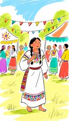 Colorful Illustration of a Woman in Traditional Clothing at an Outdoor Market with Festive Decorations