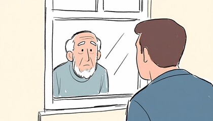 Illustration of a Young Man Visiting an Elderly Man Through a Window, Emphasizing Connection and Care