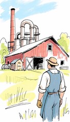 Illustration of a Man Looking at a Farmhouse and Industrial Chimney, Watercolor Style