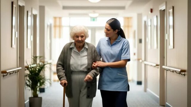 elderly woman with cane and smiling younger caregiver in uniform walk down well-lit hallway offering support and companionship Potted plant framed art and handrails line the corridor