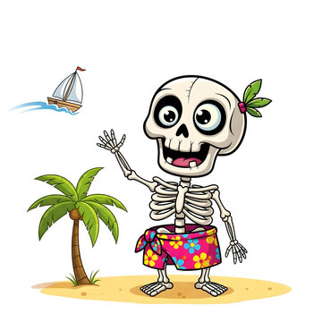 A cheerful, cartoon-style skeleton wearing a Hawaiian  skirt stands on a sandy beach. A small sailboat drifts by in the blue ocean.