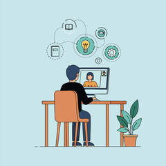 Vector illustration of a man at a desk participating in an online class or video conference call.