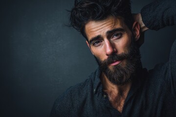 Obraz premium Attractive man standing in front of a gray backdrop