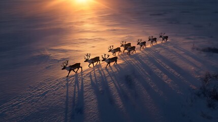 Drone view of reindeer crossing snowy tundra at sunset with golden light reflecting on ice