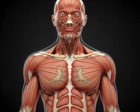 Detailed human anatomy anterior view chest and face muscles explained