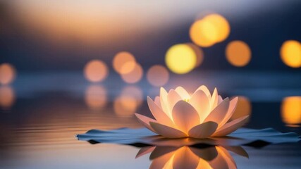 luminous white-pink lotus flower floats on still water its glow reflecting Soft golden bokeh lights shimmer in the background and on the surface serene twilight scene