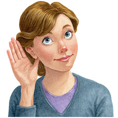 a woman is holding her hand to her ear