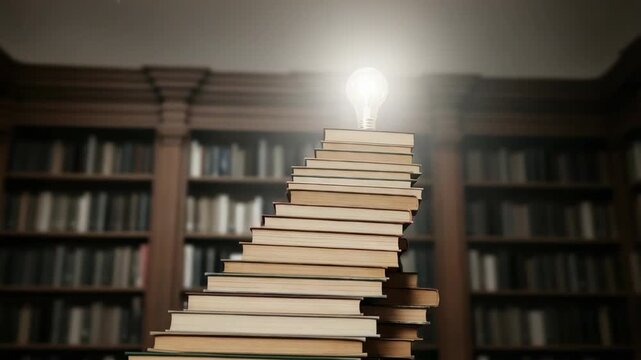 stack of books forms an ascending staircase topped by brightly glowing light bulb symbolizing wisdom and new ideas A classic library with blurred wooden bookshelves fills the background