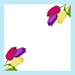 Frame with decorative corners made of multicolored tulips. Vector illustration isolated on blue background.