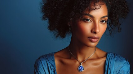 A portrait of a woman with dark skin, wearing a blue dress and a jeweled pendant. She has curly hair