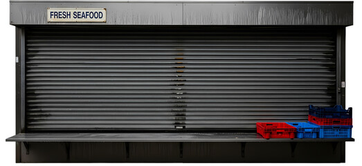 Fresh seafood stall with closed shutters, red and blue crates nearby, urban market setting