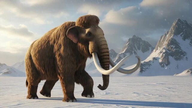 woolly mammoth with thick brown fur and impressive curved tusks stands proudly on vast snow-covered plain Towering jagged snow-capped mountains rise under cloudy sky