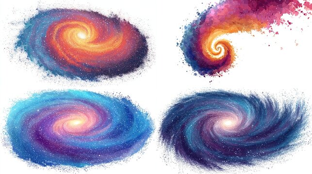 Four colorful spiral galaxy illustrations, showcasing cosmic nebulae and glowing cores on a white background