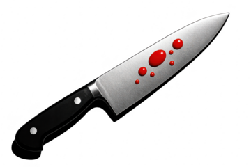 Chef knife with dramatic red liquid droplets isolated on transparent background
