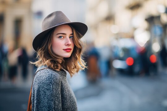 Attractive young woman in a hat strolling through the city
