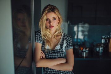 Blonde girl taking a picture in a kitchen by the cabinets