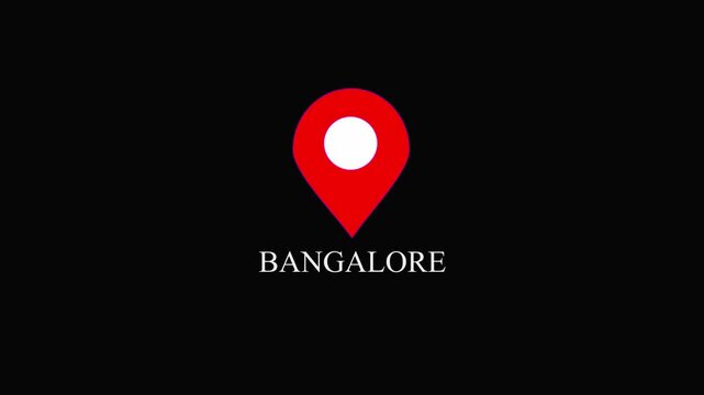 Red location pin icon with white circle marker above the text BANGALORE on black background map marker