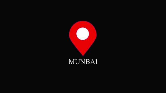Red location pin icon with white circle marker above the text MUMBAI on black background map marker