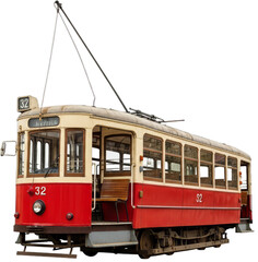 Vintage red tram number 32 parked at a station with passengers waiting in the background