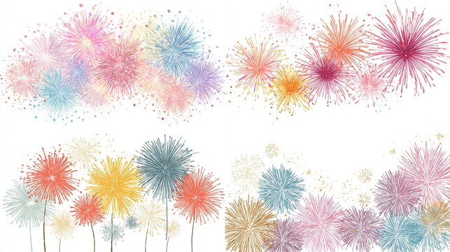 Watercolor style fireworks in four arrangements bursts of various colors against a white background