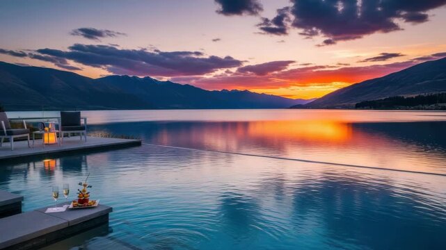 Infinity pool with champagne fruit platter and lantern-lit seating area overlooking tranquil lake Majestic mountains frame vibrant sunset sky reflecting on the calm water