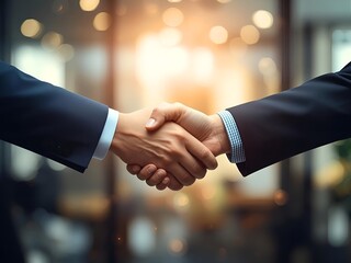Successful business partnership achieved through firm handshake agreement in modern office environment
