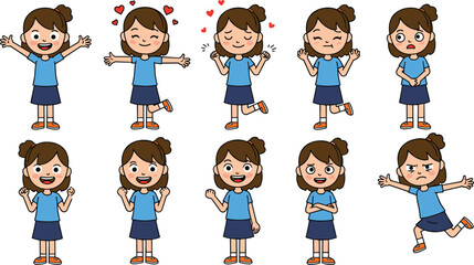 Cartoon girl showing emotions, facial expressions and body language, emotional character poses, feelings illustration for education, flat vector