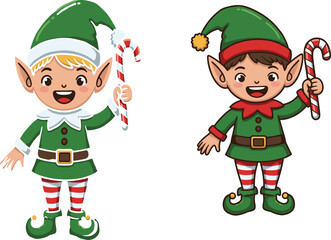 Cartoon Christmas elves holding candy canes in festive outfits, cheerful holiday characters for seasonal design and decoration, flat vector