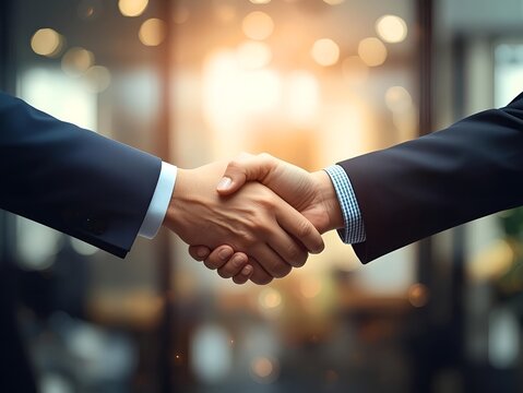 Successful business partnership achieved through firm handshake agreement in modern office environment