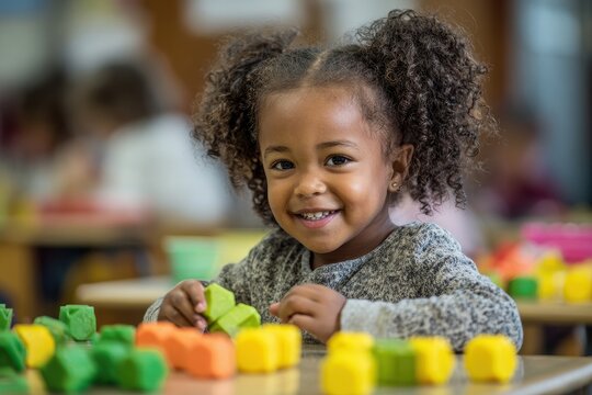 Charming Black toddler happily playing with building blocks in preschool - Powered by Adobe