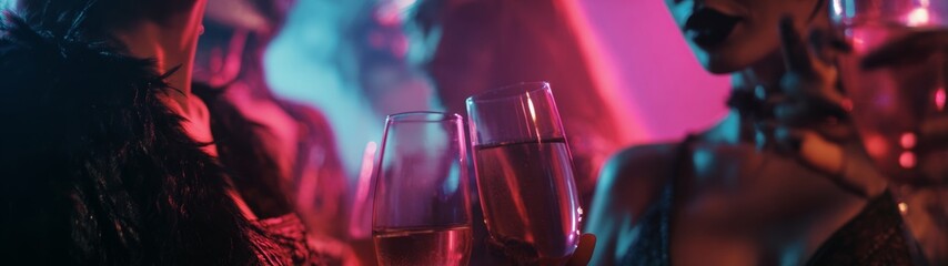 Festive spirits: dancing under the halloween moonlight. Futuristic design. Champagne and costumes: friends reveling in halloween extravaganza. Cinematic glow. Art direction.