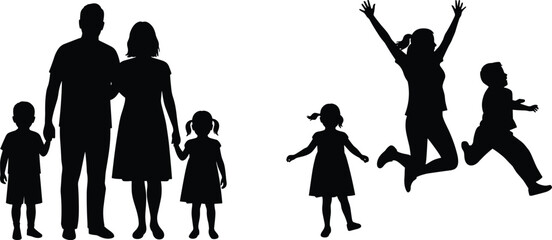 Flat vector silhouette of joyful family jumping and standing together, happy children, energetic mother, playful mood, lifestyle illustration